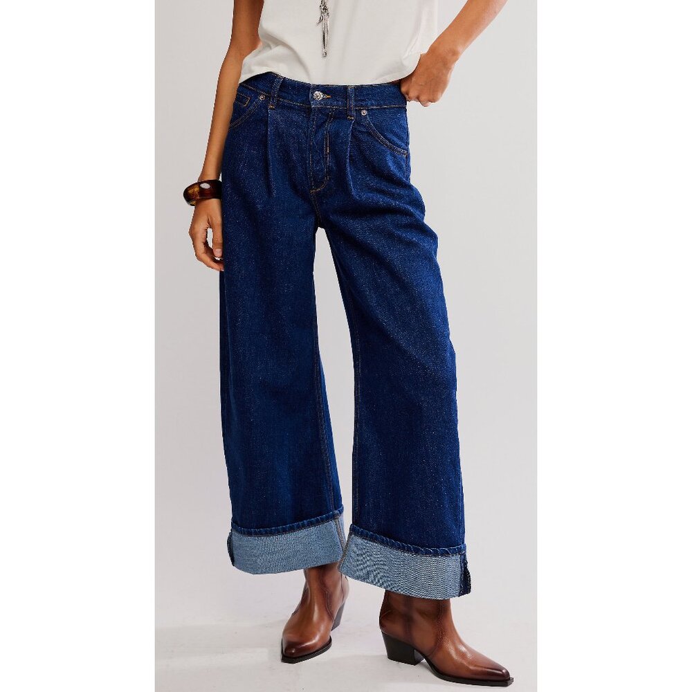 Free People Dark Blue Wide Leg Cuffed Jeans